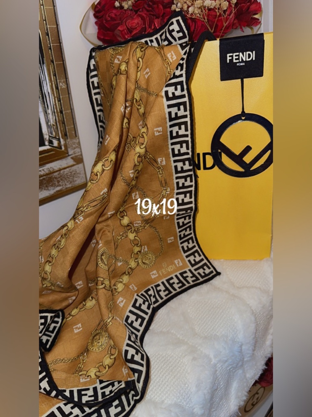 Fendi Camel and Black FF Border handkerchief